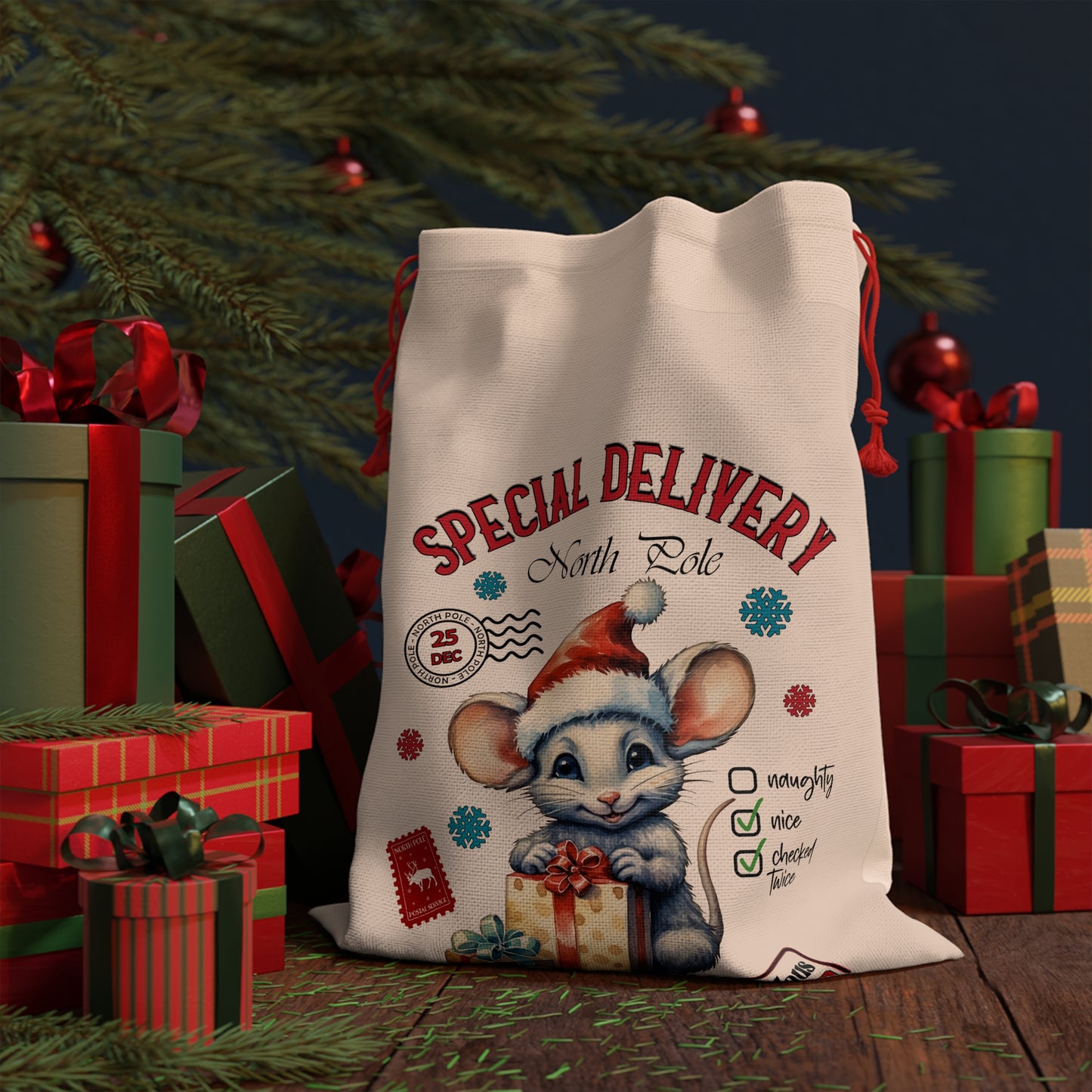 Special Delivery Mouse Christmas Linen Bag