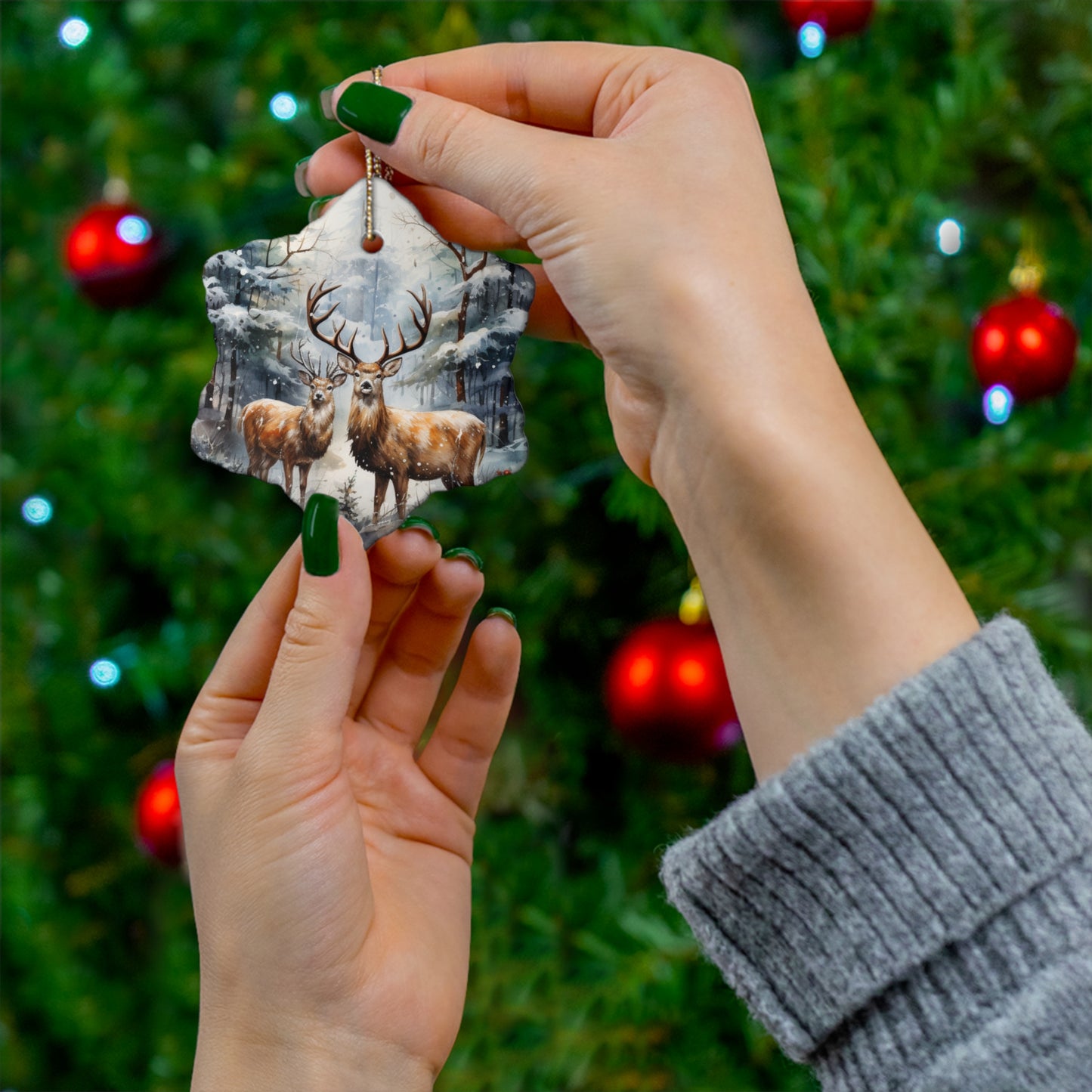 Watercolor Winter- Deer Ceramic Ornament