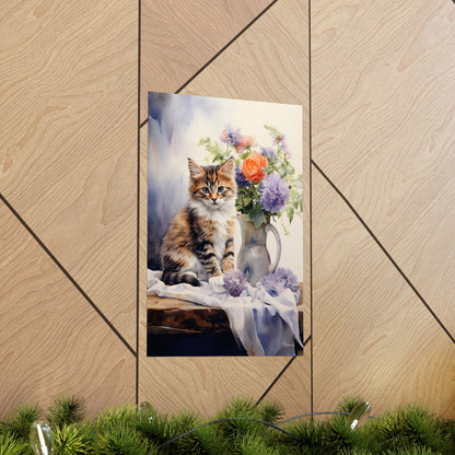 Tabby Kitten Floral Table Premium Matte Vertical Posters