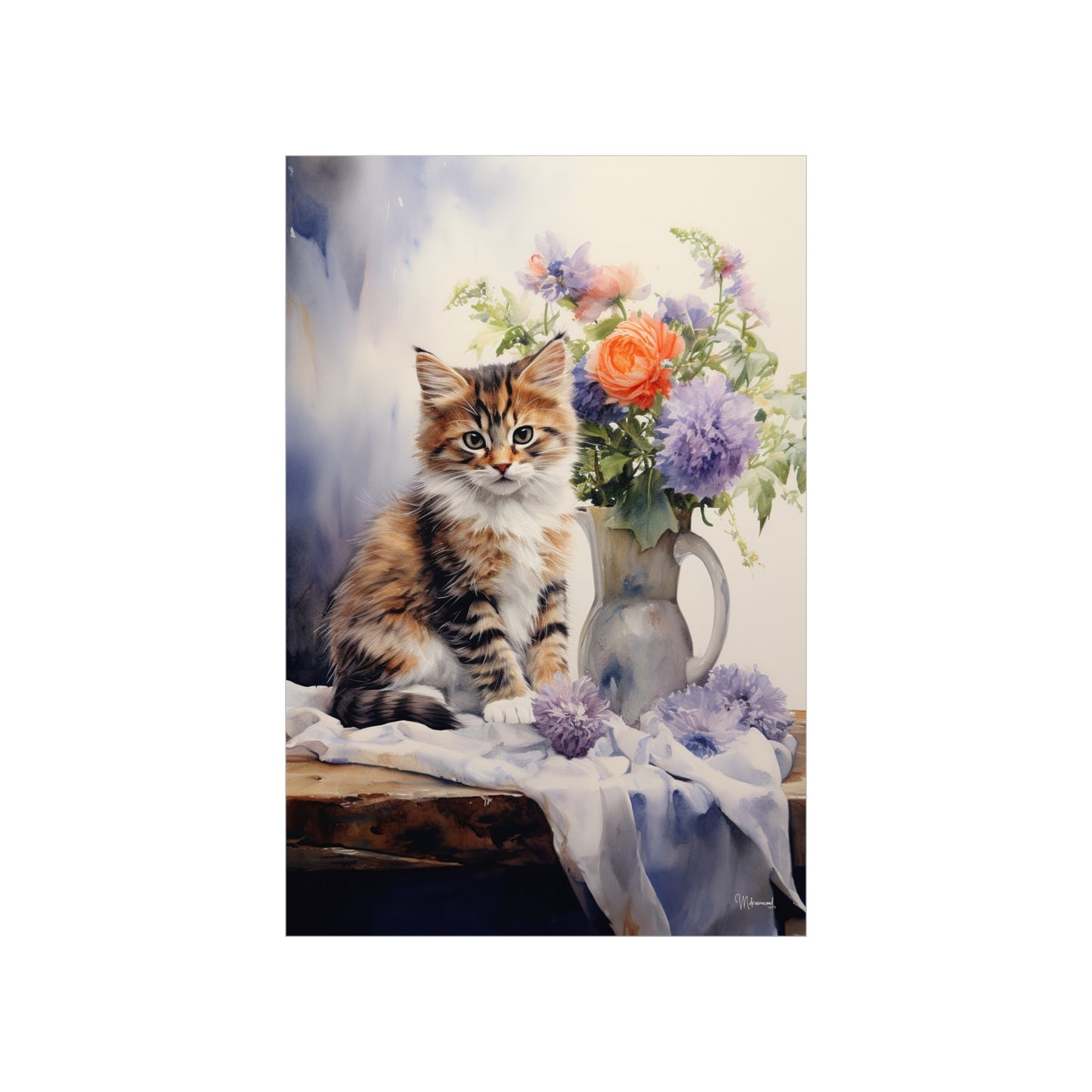 Tabby Kitten Floral Table Premium Matte Vertical Posters