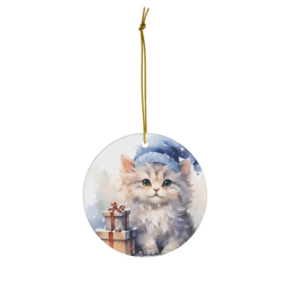 Watercolor Winter- Kitten Ceramic Ornament