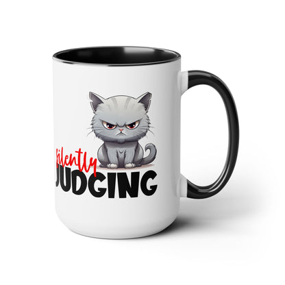 Silently Judging- Gray Cat Two-Tone Coffee Mugs, 15oz