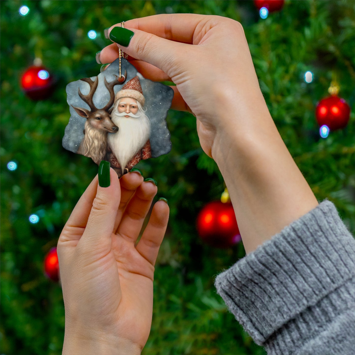 Watercolor Winter- Santa & Reindeer Ceramic Ornament