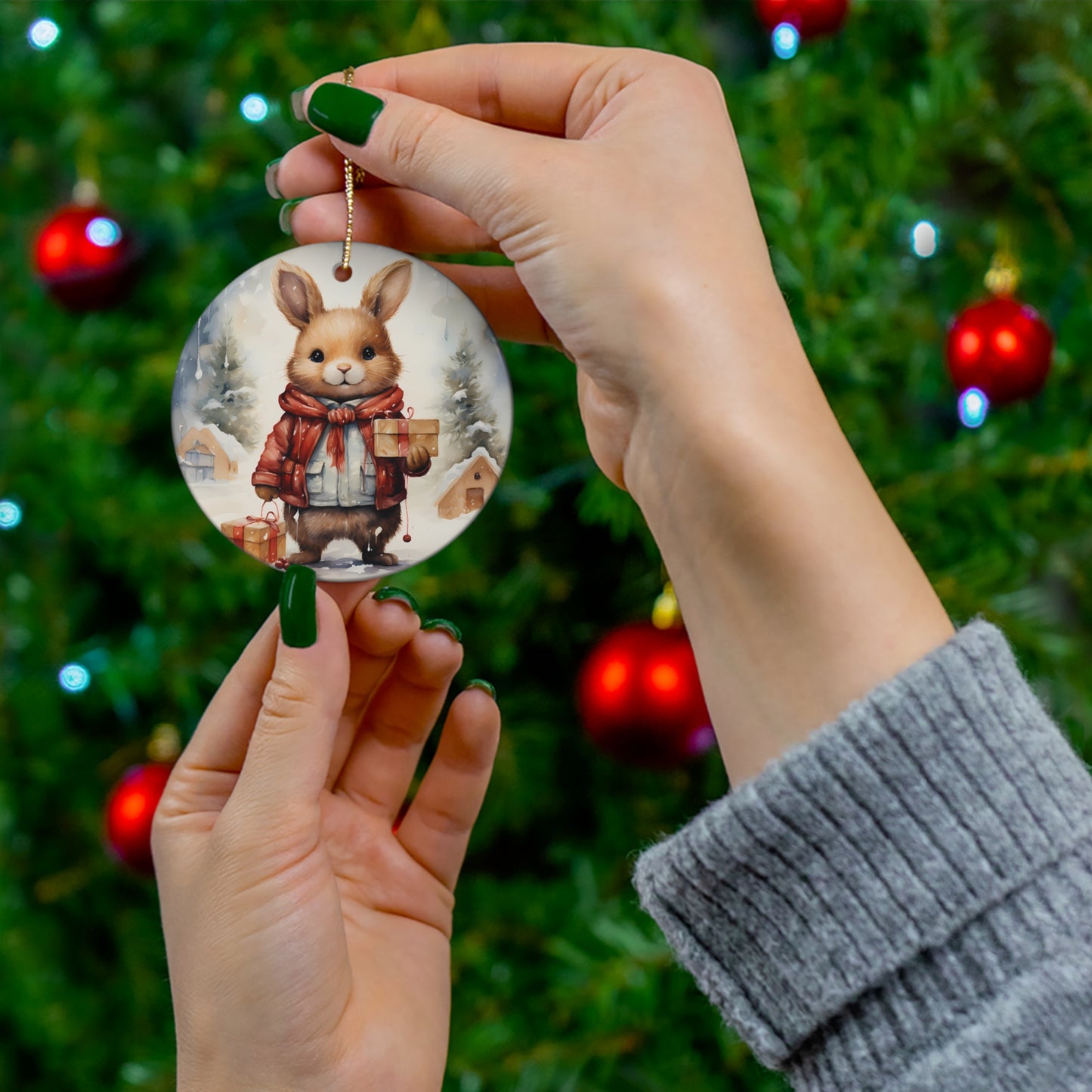 Watercolor Winter- Bunny Ceramic Ornament