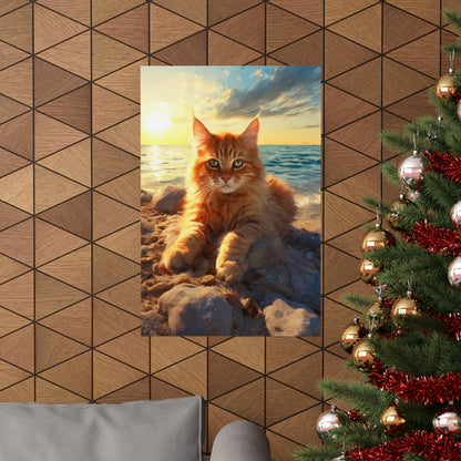 Tabby Cat on a Sunset Beach Premium Matte Vertical Posters