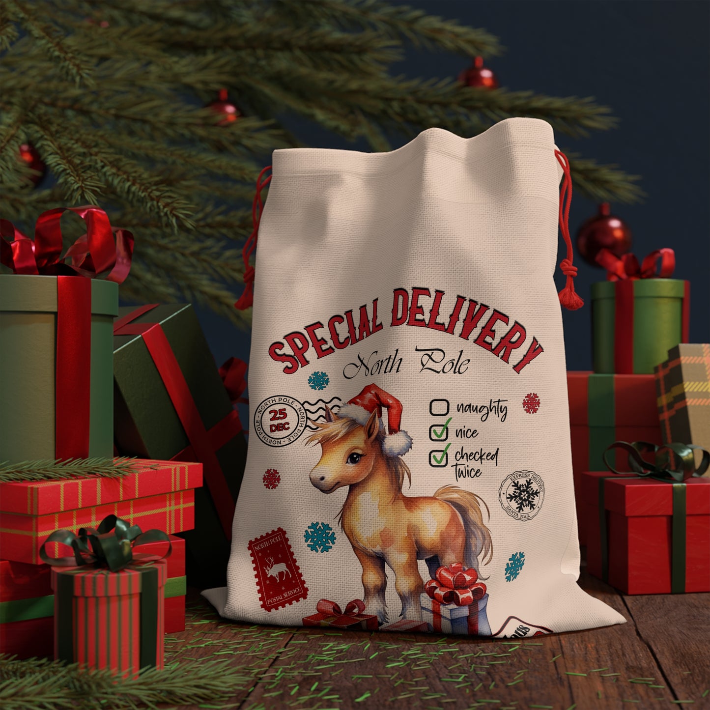 Special Delivery Horse Christmas Linen Bag