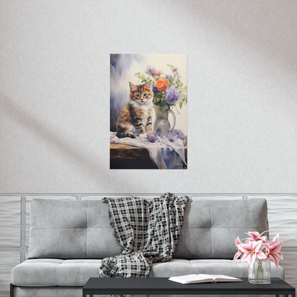 Tabby Kitten Floral Table Premium Matte Vertical Posters