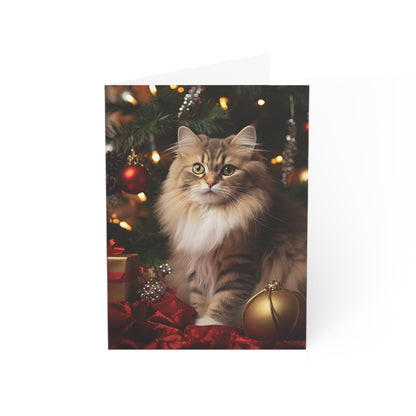 Cat by the Christmas Tree Greeting Cards (1, 10, 30, and 50pcs)