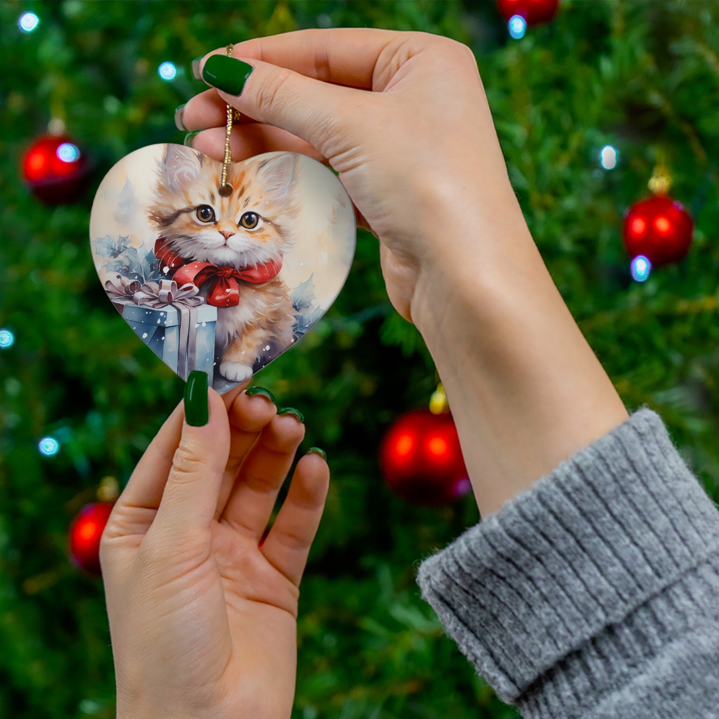 Watercolor Winter- Kitten Ceramic Ornament