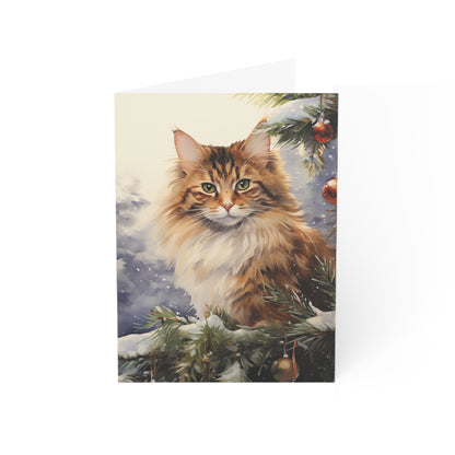 Cat by Christmas Tree Greeting Cards (1, 10, 30, and 50pcs)