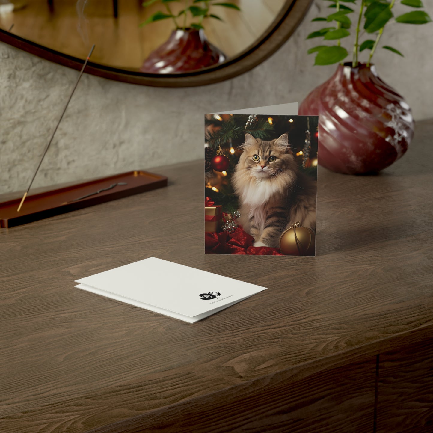 Cat by the Christmas Tree Greeting Cards (1, 10, 30, and 50pcs)