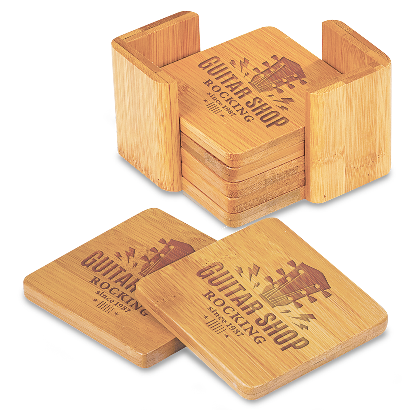 3 3/4" Personalized Laser Engraved Bamboo Square 6-Coaster Set with Holder