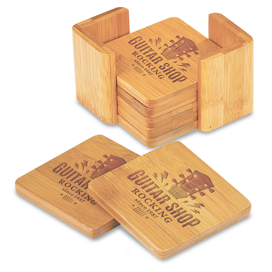 3 3/4" Personalized Laser Engraved Bamboo Square 6-Coaster Set with Holder