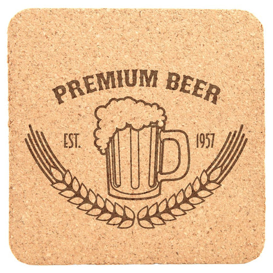 Set of 4" Laser Engraved Square Cork Coaster