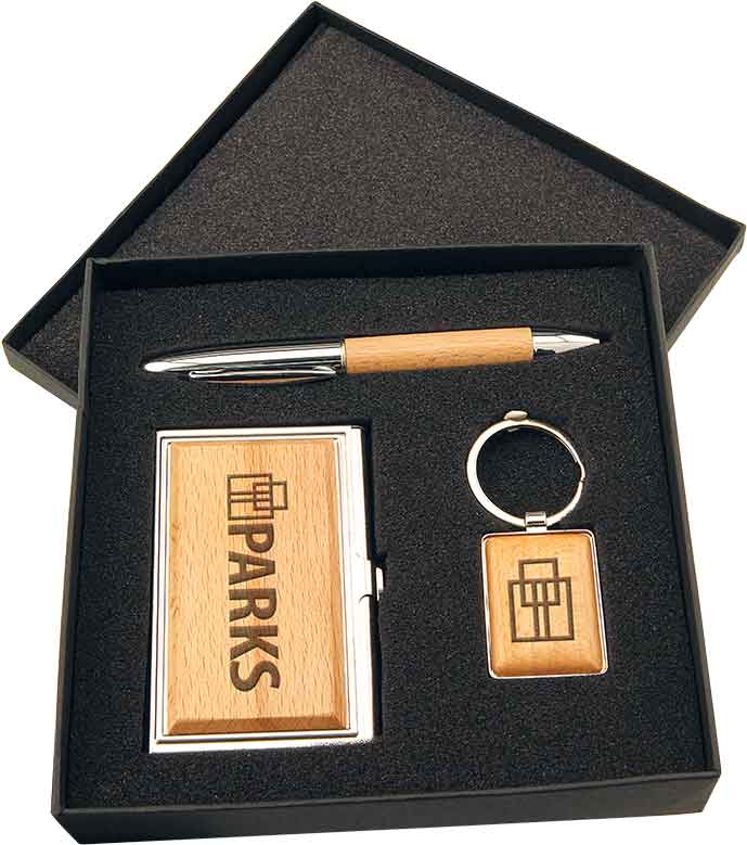 Silver/Wood Finish Gift Set with Business Card Case, Pen & Keychain