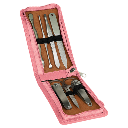 Personalized Laser Engraved 7-Piece Pink  Leatherette Manicure Gift Set