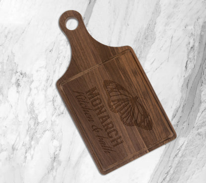 Personalized Laser Engraved 13 1/2" x 7" Walnut Cutting Board Paddle Shape with Drip Ring