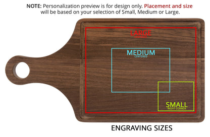 Personalized Laser Engraved 13 1/2" x 7" Walnut Cutting Board Paddle Shape with Drip Ring