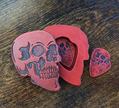 Handmade Red and Black Skull Guitar Pick Holder with Two Picks