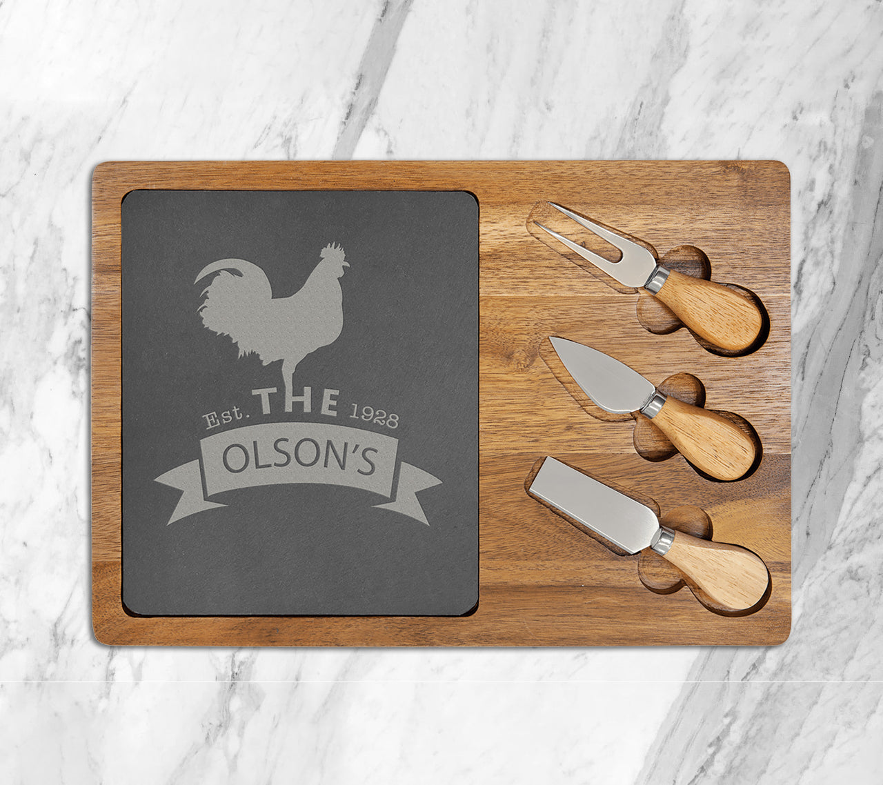 Personalized Laser Engraved 13 3/4" x 9 3/4" Acacia Wood/Slate Rectangle Cheese Set with Three Tools