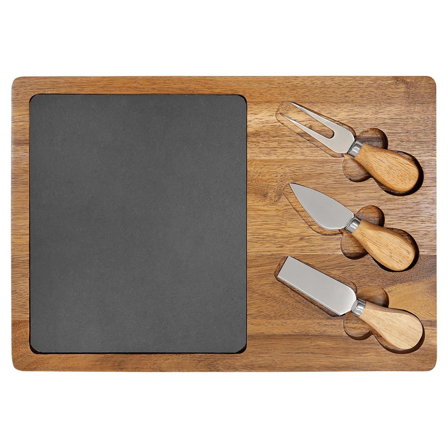 Personalized Laser Engraved 13 3/4" x 9 3/4" Acacia Wood/Slate Rectangle Cheese Set with Three Tools