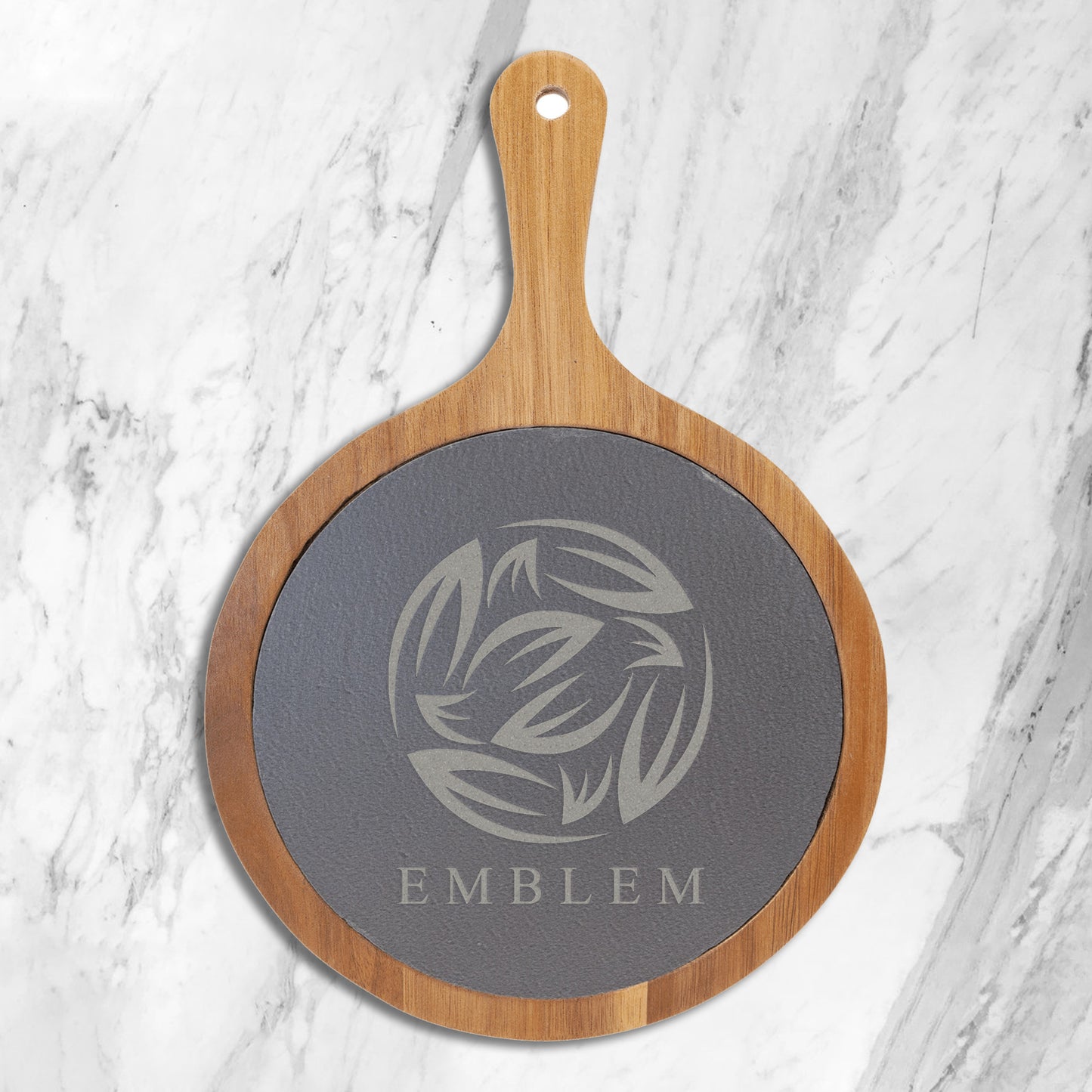 Personalized Laser Engraved 8 1/4" x 12 1/4" Round Acacia Wood/Slate Serving Board with Handle