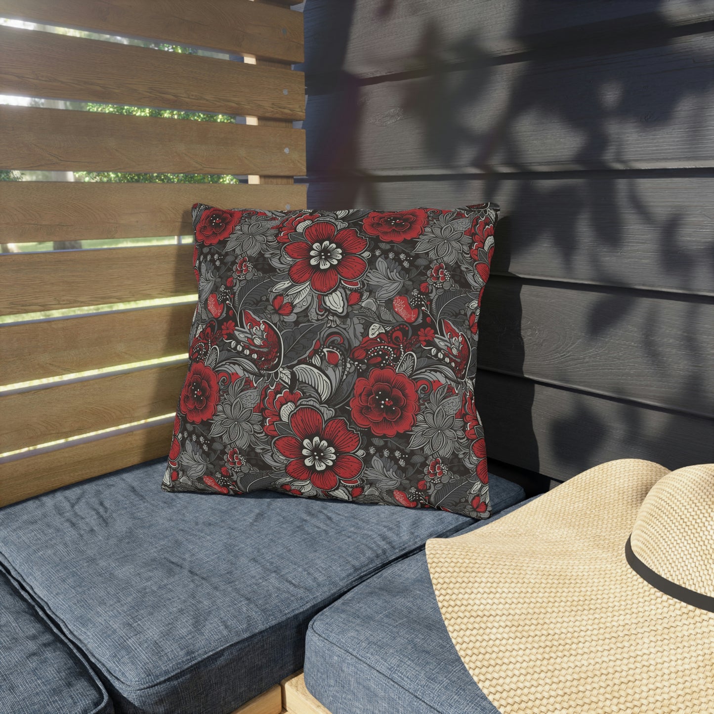 Red-Gray Floral Outdoor Pillows