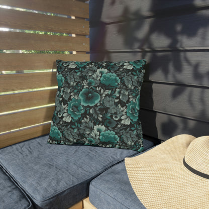 Teal-Black Floral Outdoor Pillows