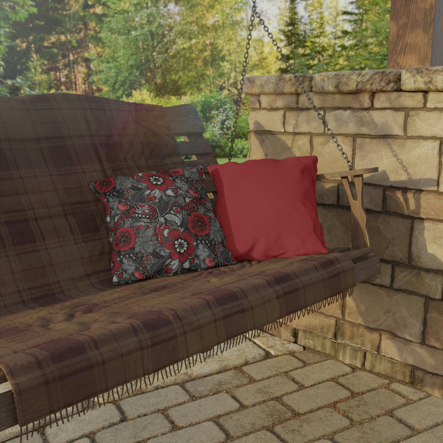 Red-Gray Floral Outdoor Pillows