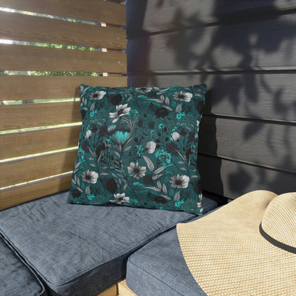 Teal, Black & White Floral Outdoor Pillows