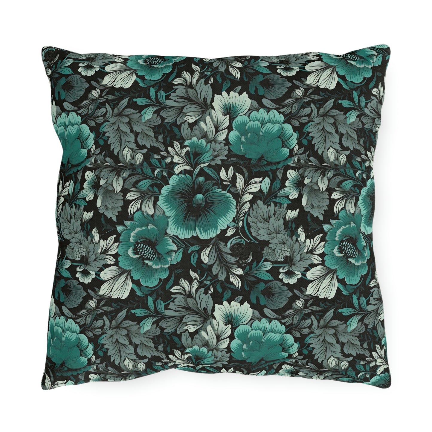 Teal-Black Floral Outdoor Pillows