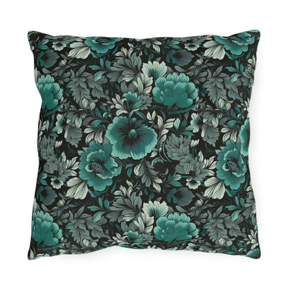 Teal-Black Floral Outdoor Pillows