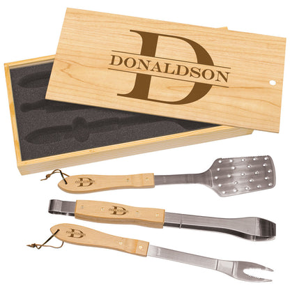 Personalized Laser Engraved 3-Piece Barbeque Set in Wooden Pine Box