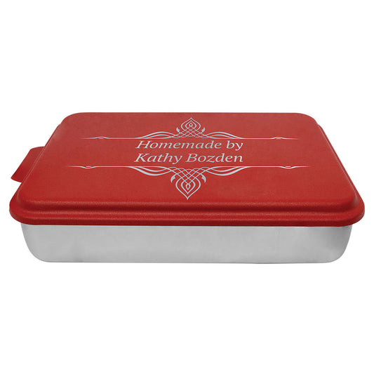 Personalized Laser Engraved 9" x 13" Aluminum Cake Pan with Red Lid