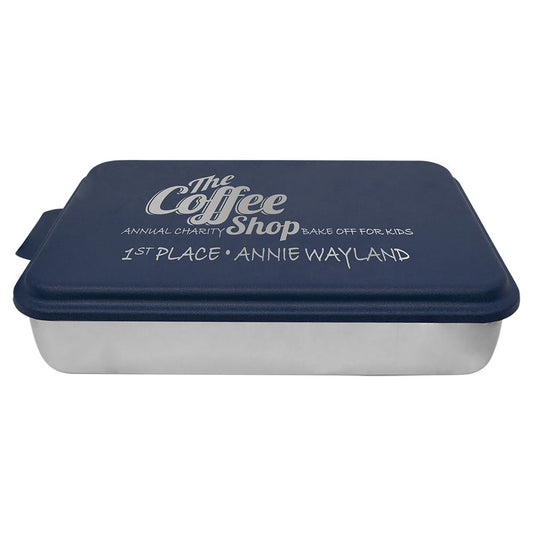 Personalized Laser Engraved 9" x 13" Aluminum Cake Pan with Navy Blue Lid