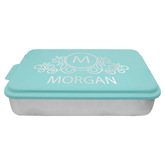 Personalized Laser Engraved 9" x 13" Aluminum Cake Pan with Teal Lid