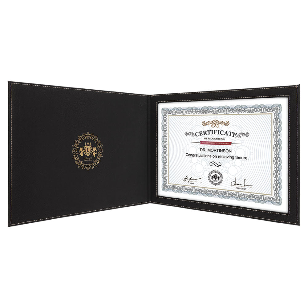  Personalized Laser Engraved 9" x 12" Black/Gold Leatherette Certificate Holder for 8 1/2" x 11"