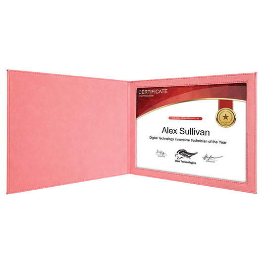  Personalized Laser Engraved 9" x 12" Pink Leatherette Certificate Holder for 8 1/2" x 11"