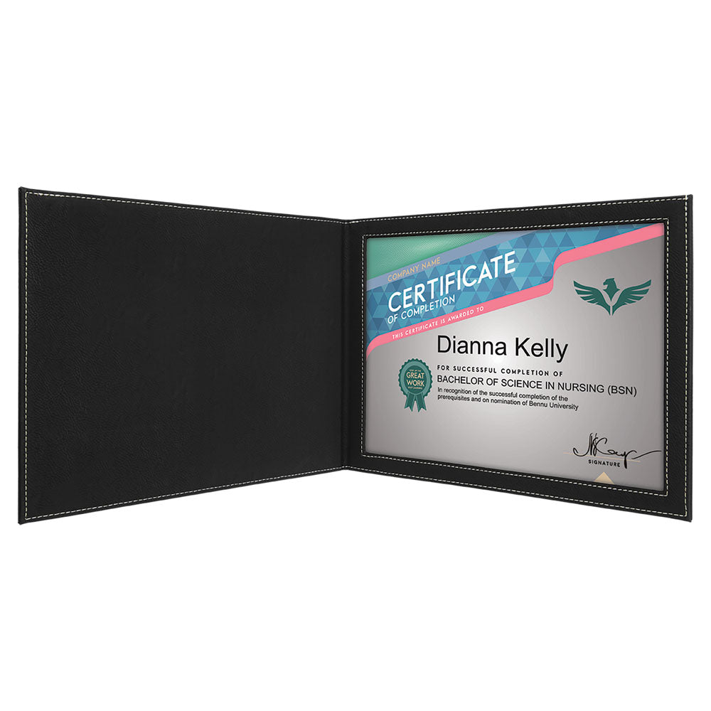  Personalized Laser Engraved 9" x 12" Black/Silver Leatherette Certificate Holder for 8 1/2" x 11"