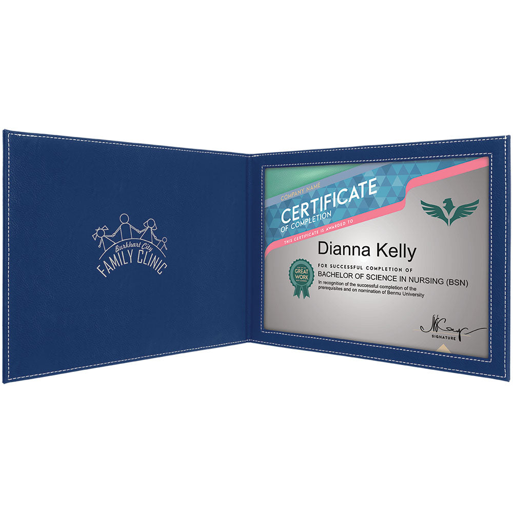  Personalized Laser Engraved 9" x 12" Blue/Silver Leatherette Certificate Holder for 8 1/2" x 11"