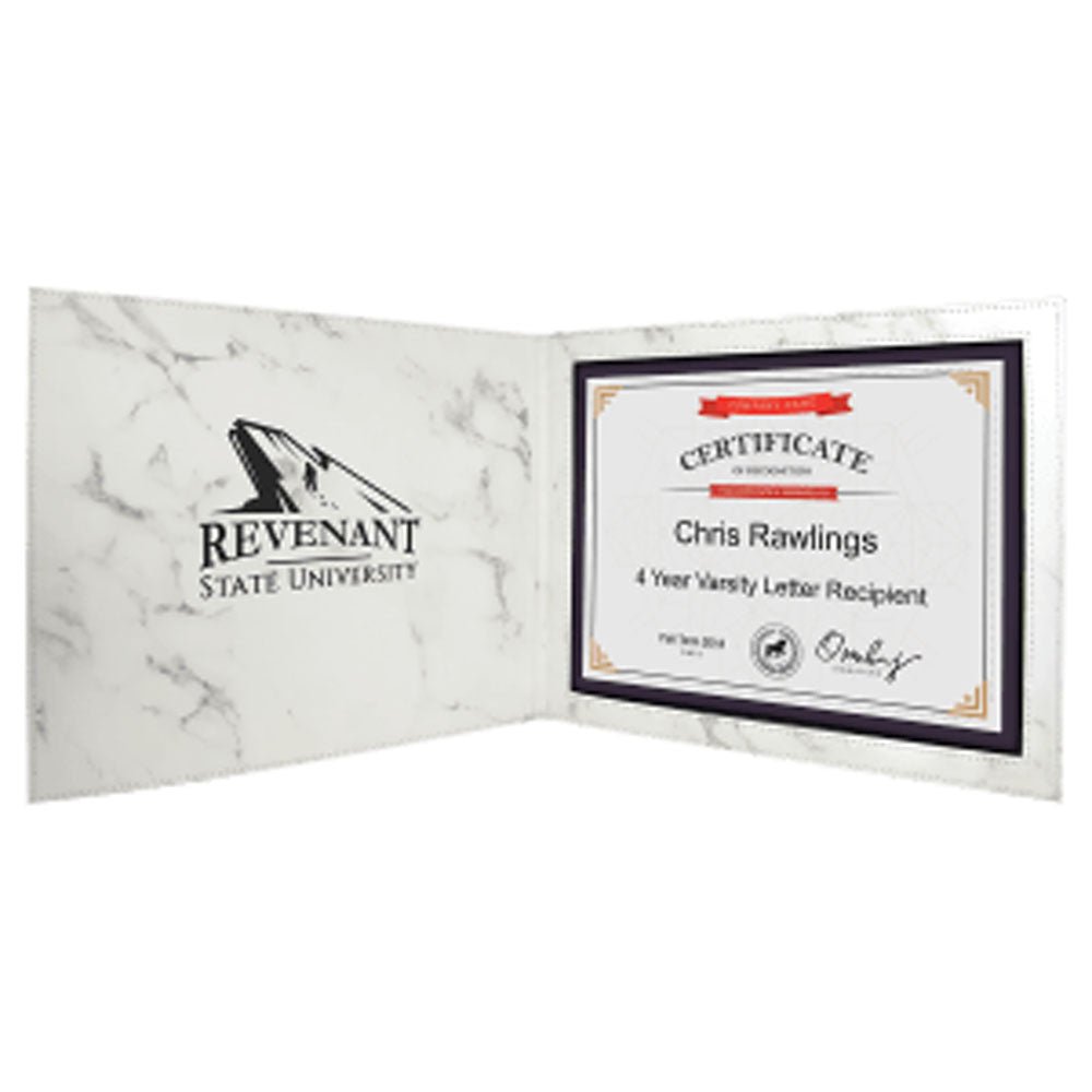  Personalized Laser Engraved 9" x 12" White Marble Leatherette Certificate Holder for 8 1/2" x 11"