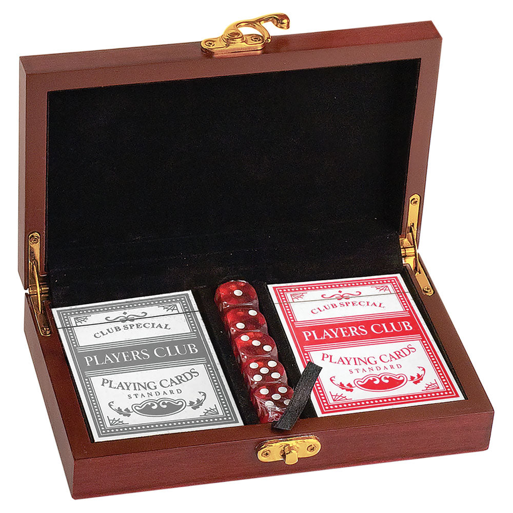 Personalized Laser Engraved Rosewood Game Finish Card and Dice Set