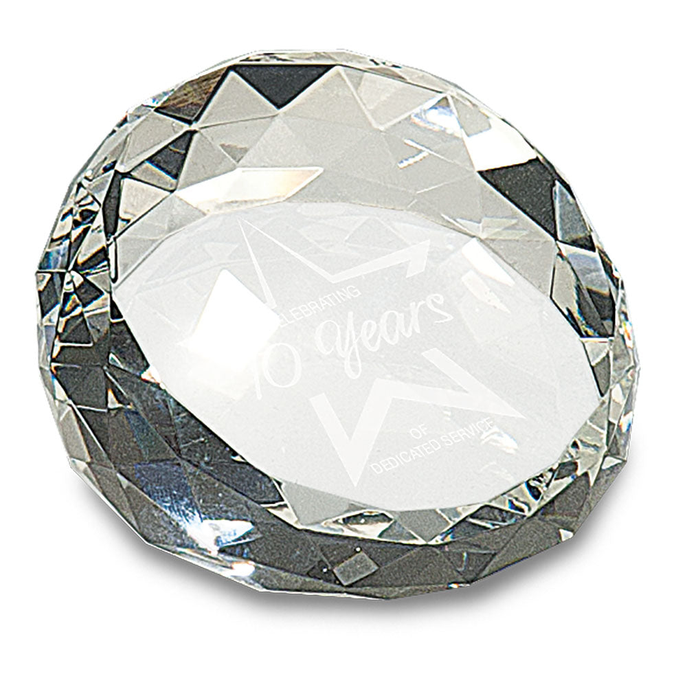 Personalized Laser Engraved 2 1/2" x 1 3/4" Clear Round Crystal Facet Paperweight