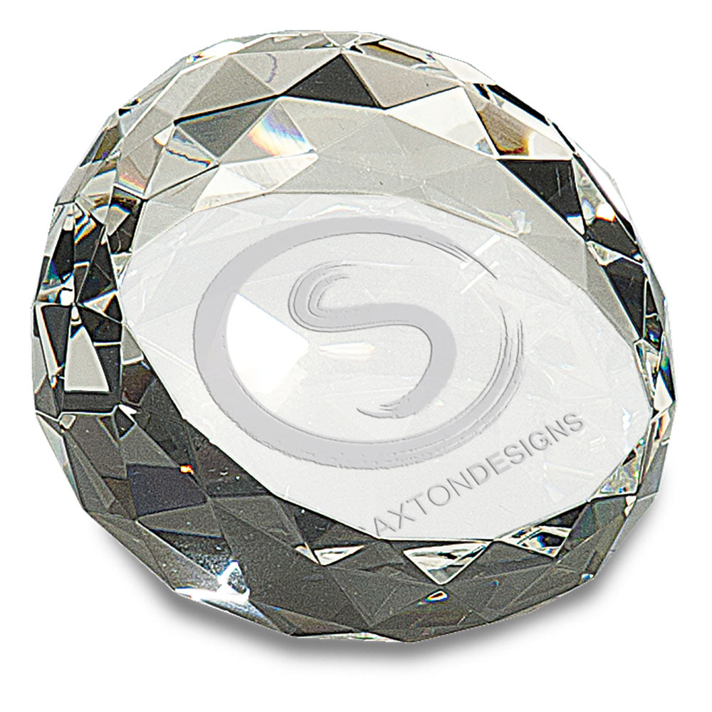 Personalized Laser Engraved 3 1/2" x 2" Clear Round Crystal Facet Paperweight