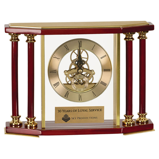 Personalized Laser Engraved 7 1/4" Executive 4-Pillar Gold & Rosewood Piano Finish Clock