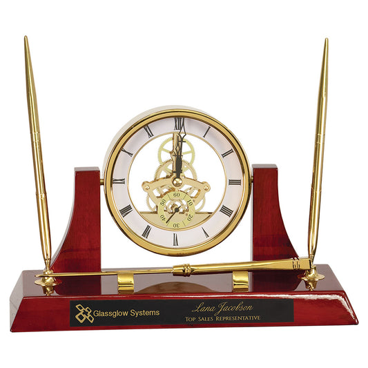 Personalized Laser Engraved 10 1/2" x 6" Executive Gold/Rosewood Piano Finish Clock w/2 Pens/Letter Opener