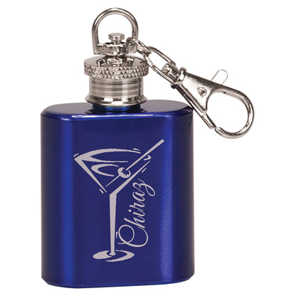 Personalized Laser Engraved  1 oz. Gloss Blue Stainless Steel Flask Keychain