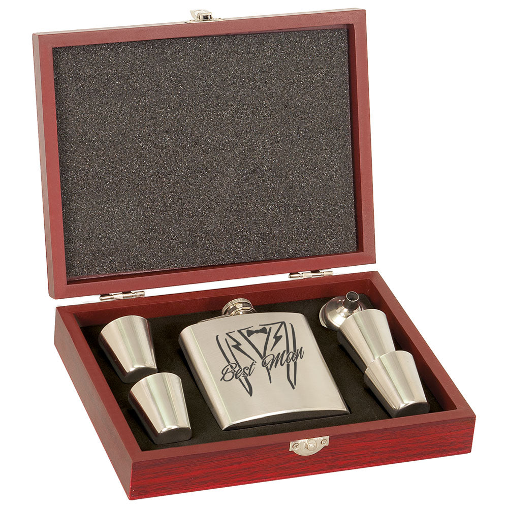 Personalized Laser Engraved 6 oz. Stainless Steel Flask Set in Wood Presentation Box