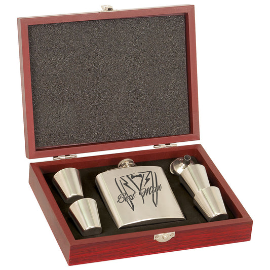 Personalized Laser Engraved 6 oz. Stainless Steel Flask Set in Wood Presentation Box