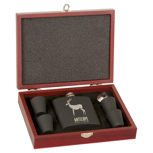 Personalized Laser Engraved  6 oz. Matte Black Flask Set in Rosewood Finish Box w/4 Shot Glasses & Funnel